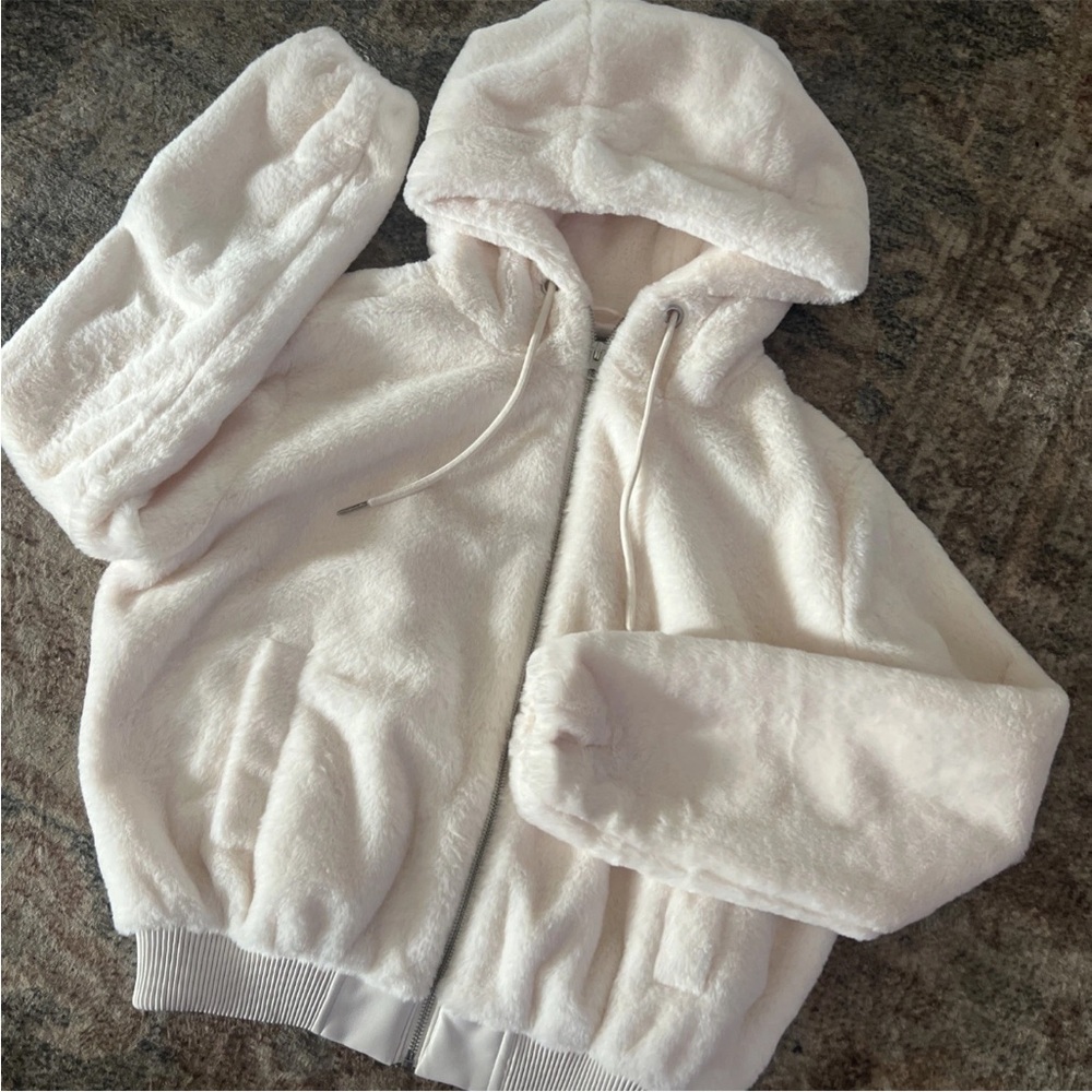 Arizona Jean Co Cream Lined Faux Fur Zip Up Hooded Jacket Coat Sz XS NWT